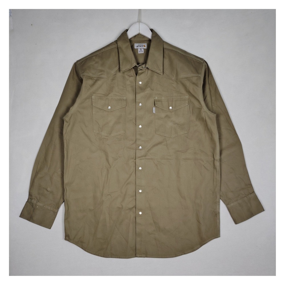 Carhartt Mens S209 KHI Khaki Tan Cotton Western Pearl Snap Shirt XL Tall
